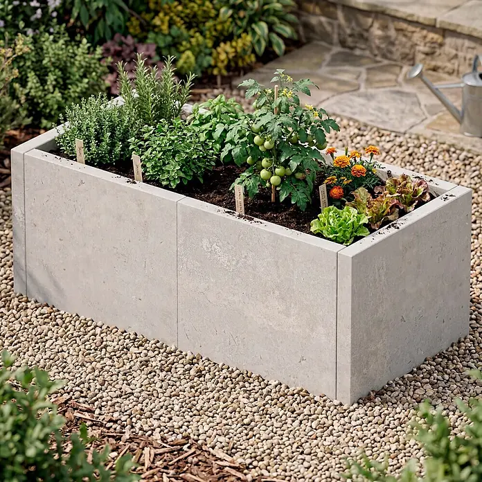 Diephaus Hochbeet - 210 x 100 x 80 cm, Beton, Grau - Großer, rechteckiger Pflanzkasten aus hellgrauem Beton, gefüllt mit Kräutern, Tomaten und Blumen, auf Kies in einer Gartenumgebung.