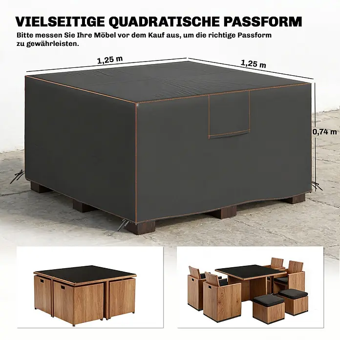 Outsunny Loungemöbel Schutzhülle - Oxford-Stoff, Schwarz - Dunkelgraue quadratische Schutzhülle für Gartenmöbel, Maße 1,25 m L x 1,25 m B x 0,74 m H.