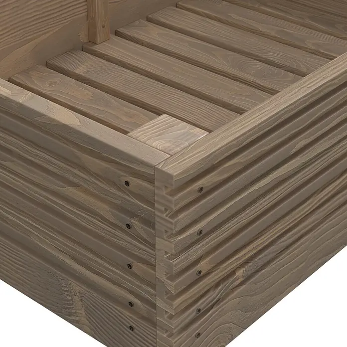 Siena Garden Hochbeet Maxi - 119 x 75 x 79 cm, Holz, Grau - Ecke eines hölzernen Hochbeets oder Pflanzkastens, mit grau-braunen Lamellen und Schraubkonstruktion.