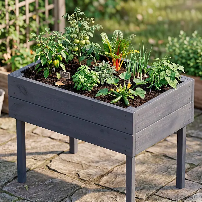 Siena Garden Hochbeet Fiete für Kinder - 75 x 50 x 60 cm, Holz, Grau - Graues Hochbeet aus Holz mit Beinen, gefüllt mit verschiedenen Gemüsesorten und Kräutern, auf einer Terrasse.
