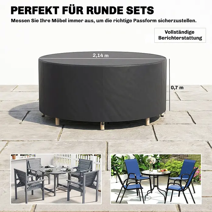 Outsunny Loungemöbel Schutzhülle - 420D Oxford-Gewebe, PU-Beschichtung, Schwarz - Dunkelgraue runde Abdeckung für Gartenmöbel, 2,14 m Durchmesser x 0,7 m Höhe, schützt eine Möbelgruppe.