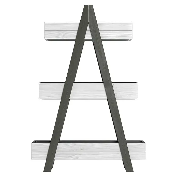 Westmann Hochbeet Ella - L x B x H: 101 x 25 x 147 cm, Holz, Grau/Weiß - Dreistöckiger A-förmiger Pflanzenständer mit dunkelgrauem Rahmen und weißen Holzpflanzgefäßen.