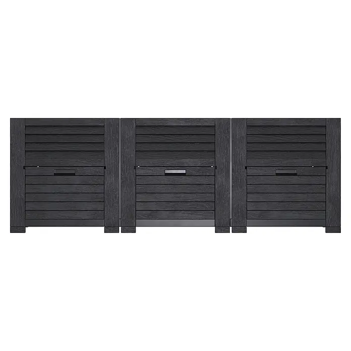 Hochbeet mit 3 Staufächern - 225 x 75 x 78 cm, Kunststoff - Schwarzer, horizontal gelatteter Dreifach-Außenlagerungsschrank mit Griffen.