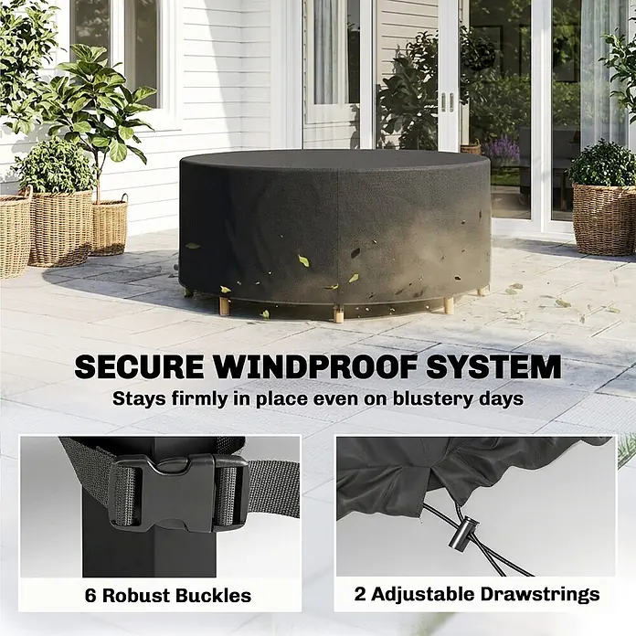 Outsunny Loungemöbel Schutzhülle - 420D Oxford-Gewebe, PU-Beschichtung, Schwarz - Schwarze runde Outdoor-Möbelabdeckung, die Terrassenmöbel schützt, mit Schnallen und Kordelzügen für sicheren Halt.