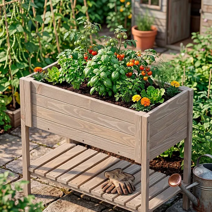 Siena Garden Hochbeet Aron - 79 x 39 x 79 cm, Holz, Grau - Helles Hochbeet aus Holz im Garten, bepflanzt mit Tomaten, Kräutern und Blumen, mit Gartenhandschuhen und Gießkanne auf der unteren Ablage.