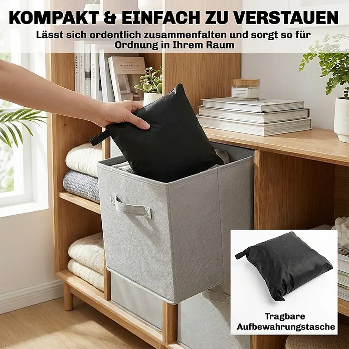 Outsunny Loungemöbel Schutzhülle - 420D Oxford-Gewebe, PU-Beschichtung, Schwarz - Eine Person verstaut eine schwarze, zusammengefaltete Aufbewahrungstasche in einer grauen Stoffbox in einem Holzregal.