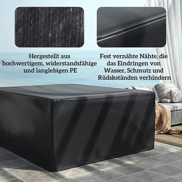 Outsunny Loungemöbel Schutzhülle - Polyethylen, Schwarz - Schwarze, texturierte PE-Schutzhülle mit dichten Nähten für Outdoormöbel. Details zeigen Material und Nähte.
