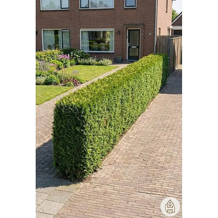 Heijnen Pflanzen Lebensbaum 200-225 cm - 40 St. für 20 Meter - Thuja occidentalis 'Smaragd', Topfgröße: 35 cm, Aktuelle Wuchshöhe: 200 cm - 225 cm - Eine lange, gepflegte grüne Hecke grenzt eine gepflasterte Einfahrt ab und trennt sie von einem Garten und einem Backsteinhaus.