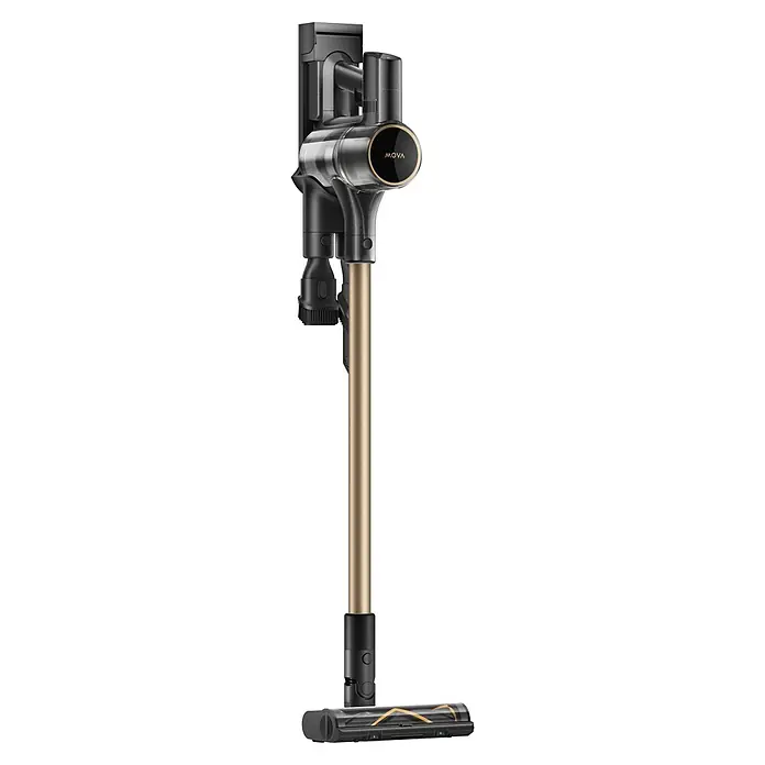 Mova Aspirador de batería S5 Sense - 570 W, Volumen de recipiente: 0,6 l - Aspiradora escoba sin cable negra y dorada con un largo tubo dorado y un cepillo motorizado.