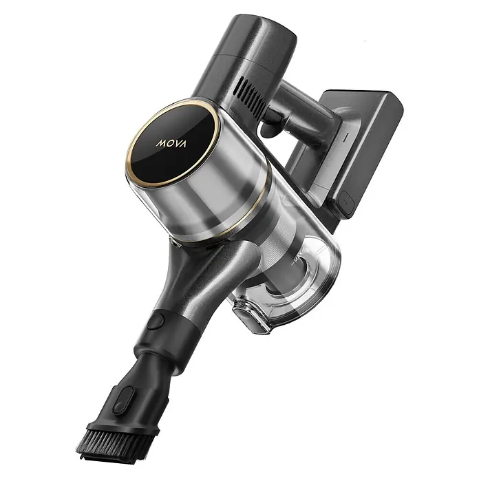 Mova Aspirador de batería S5 Sense - 570 W, Volumen de recipiente: 0,6 l - Aspiradora de mano gris oscuro y plateada con detalles dorados y depósito de polvo transparente, con accesorio de cepillo.