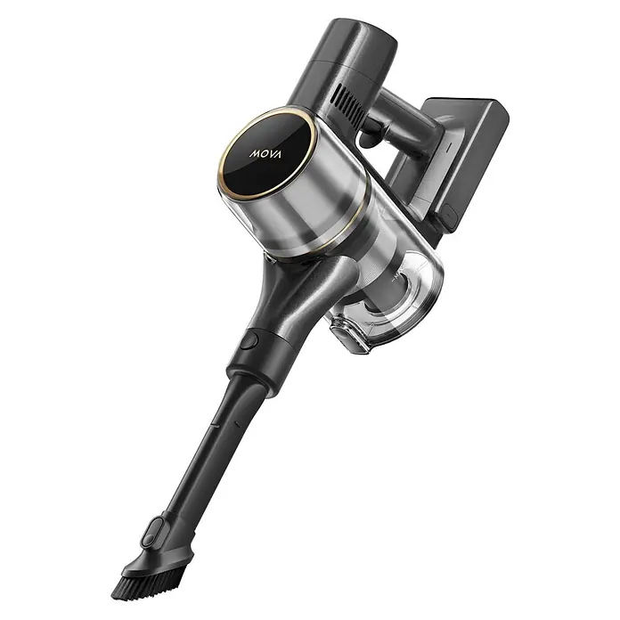 Mova Aspirador de batería S5 Sense - 570 W, Volumen de recipiente: 0,6 l - Aspirador de mano inalámbrico gris oscuro y plateado con depósito transparente y detalles dorados, con accesorio de cepillo.