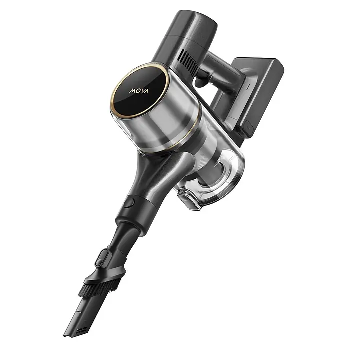 Mova Aspirador de batería S5 Sense - 570 W, Volumen de recipiente: 0,6 l - Una aspiradora de mano elegante, gris oscuro y metálica con detalles dorados y boquilla de cepillo.