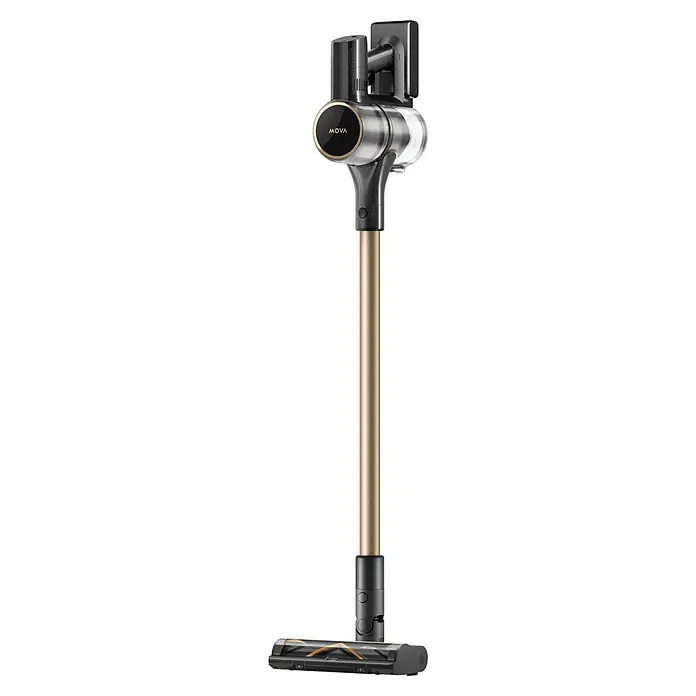 Mova Aspirador de batería S5 Sense - 570 W, Volumen de recipiente: 0,6 l - Aspiradora escoba inalámbrica negra y dorada con tubo dorado.