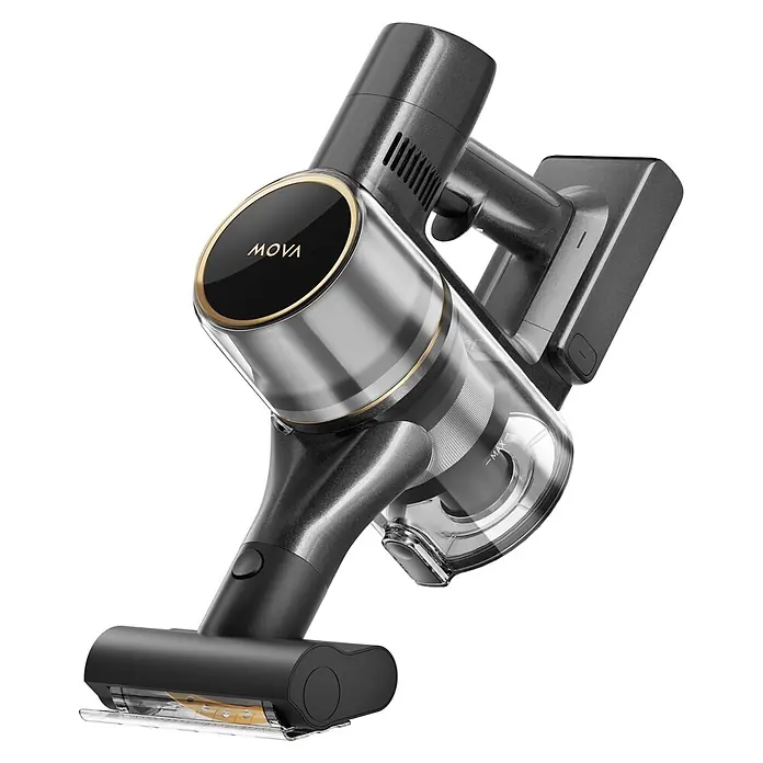 Mova Aspirador de batería S5 Sense - 570 W, Volumen de recipiente: 0,6 l - Un aspirador escoba sin cable gris oscuro y dorado con un depósito de polvo transparente, inclinado hacia arriba.