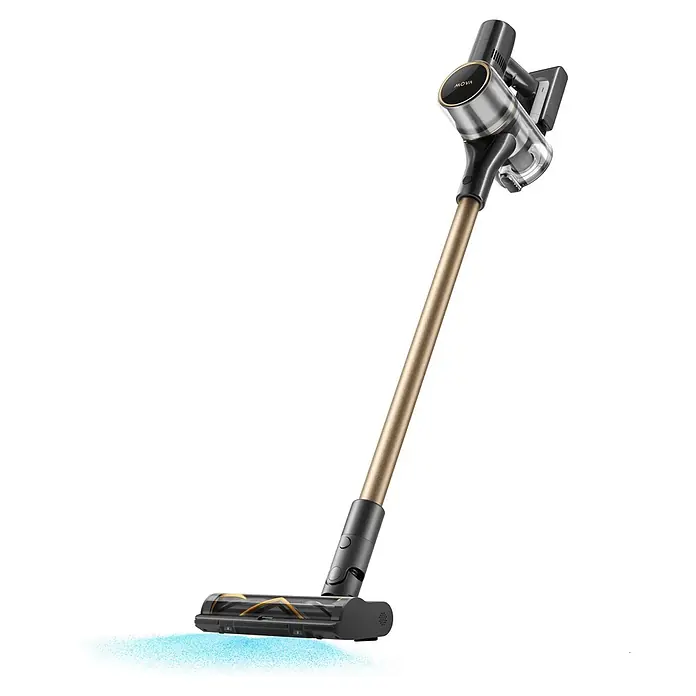Mova Aspirador de batería S5 Sense - 570 W, Volumen de recipiente: 0,6 l - Aspiradora escoba sin cable dorada y gris oscuro con luz LED azul que ilumina el cabezal.