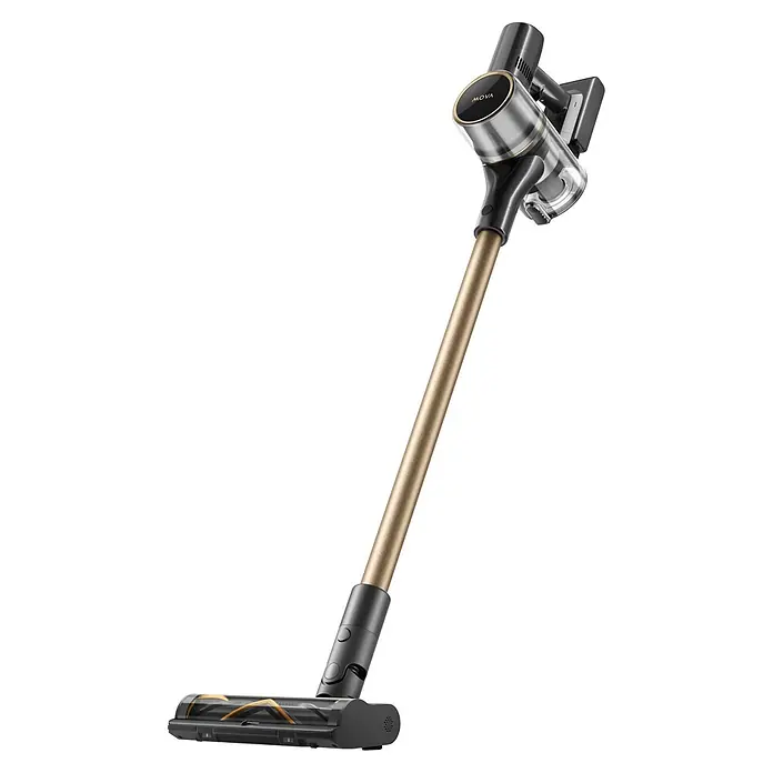Mova Aspirador de batería S5 Sense - 570 W, Volumen de recipiente: 0,6 l - Aspiradora escoba inalámbrica MOVA con tubo dorado, unidad de motor negra/plateada y cepillo negro.