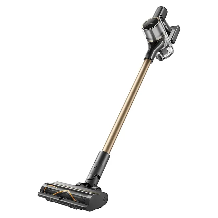 Mova Aspirador de batería S5 Sense - 570 W, Volumen de recipiente: 0,6 l - Aspiradora escoba sin cable negra y dorada con depósito de polvo transparente y cepillo motorizado, lista para usar.