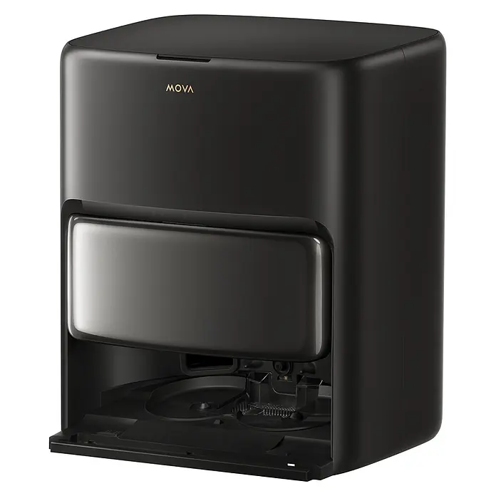 Mova Robot aspirador con mopa V50 Ultra Complete - Potencia de aspiración: 24.000 Pa, Capacidad del robot: 300 ml - Estación de vaciado automático negra mate para robot aspirador con frontal metálico curvado, logo "MOVA" y compartimento de recogida de polvo.