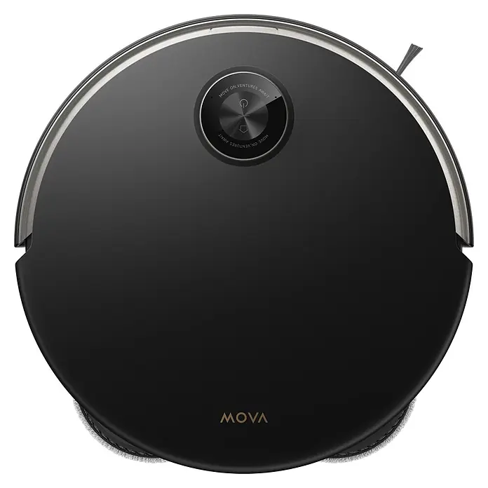 Mova Robot aspirador con mopa V50 Ultra Complete - Potencia de aspiración: 24.000 Pa, Capacidad del robot: 300 ml - Robot aspirador negro con acabado mate y ribete plateado. Cuenta con un botón de encendido central con texto y un cepillo lateral visible.