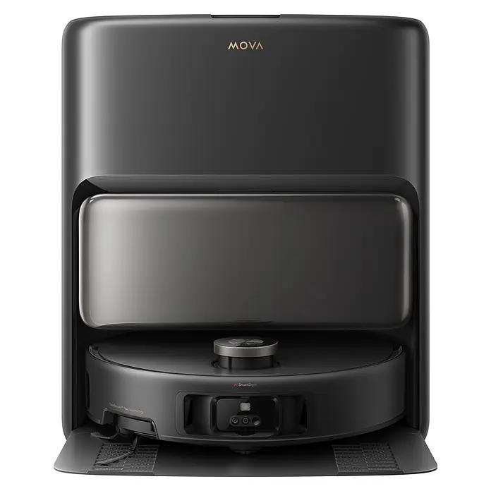 Mova Robot aspirador con mopa V50 Ultra Complete - Potencia de aspiración: 24.000 Pa, Capacidad del robot: 300 ml - Robot aspirador gris oscuro en su estación base a juego. Con AI SmartSight y FlexBrush Vacuuming.