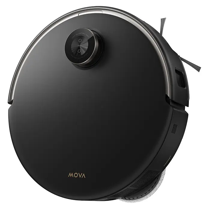 Mova Robot aspirador con mopa V50 Ultra Complete - Potencia de aspiración: 24.000 Pa, Capacidad del robot: 300 ml - Robot aspirador inteligente negro con detalles metálicos, sensor LIDAR superior y cepillo lateral.