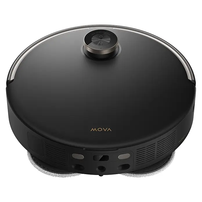 Mova Robot aspirador con mopa V50 Ultra Complete - Potencia de aspiración: 24.000 Pa, Capacidad del robot: 300 ml - Robot aspirador MOVA redondo y negro con acentos metálicos, cúpula de navegación y almohadillas de mopa visibles.