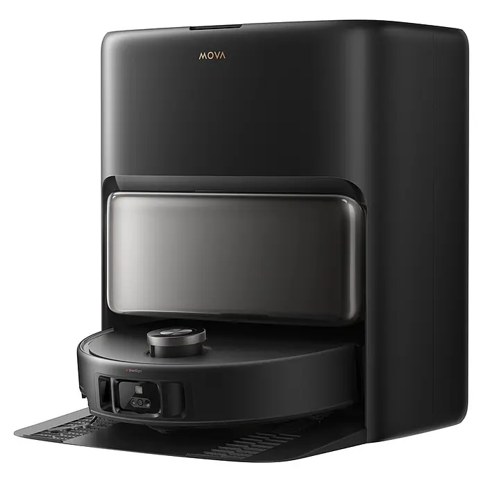 Mova Robot aspirador con mopa V50 Ultra Complete - Potencia de aspiración: 24.000 Pa, Capacidad del robot: 300 ml - Robot aspirador negro acoplado en su estación de vaciado automático.