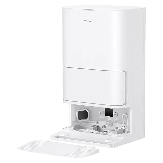 Mova Robot aspirador con mopa E30 Ultra - Potencia de aspiración: 7.000 Pa, Capacidad del robot: 300 ml - Electrodoméstico inteligente blanco, posiblemente una base de robot aspirador, con el compartimento inferior de autolimpieza abierto revelando componentes internos.