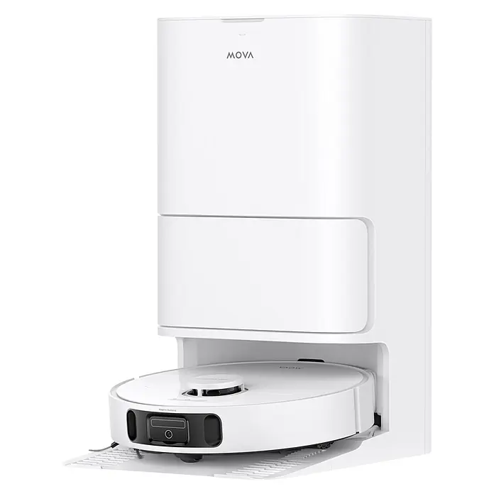 Mova Robot aspirador con mopa E40 Ultra - Potencia de aspiración: 19.000 Pa, Capacidad del robot: 300 ml - Robot aspirador blanco acoplado en su estación de carga y vaciado blanca.