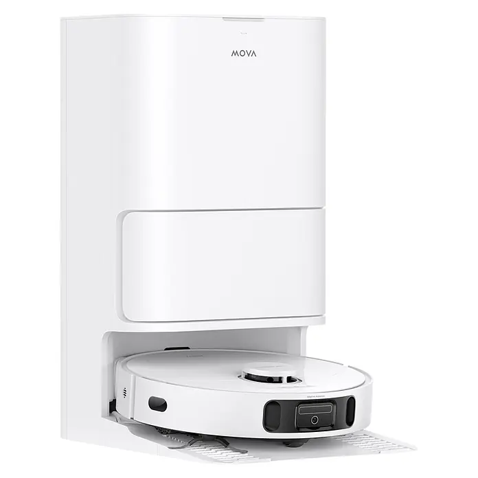 Mova Robot aspirador con mopa E40 Ultra - Potencia de aspiración: 19.000 Pa, Capacidad del robot: 300 ml - Robot aspirador blanco acoplado a su estación de autovaciado blanca a juego, listo para cargar y recoger polvo.