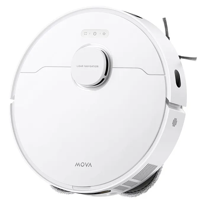 Mova Robot aspirador con mopa E30 Ultra - Potencia de aspiración: 7.000 Pa, Capacidad del robot: 300 ml - Robot aspirador redondo blanco con navegación Lidar, botones de control y logo MOVA.