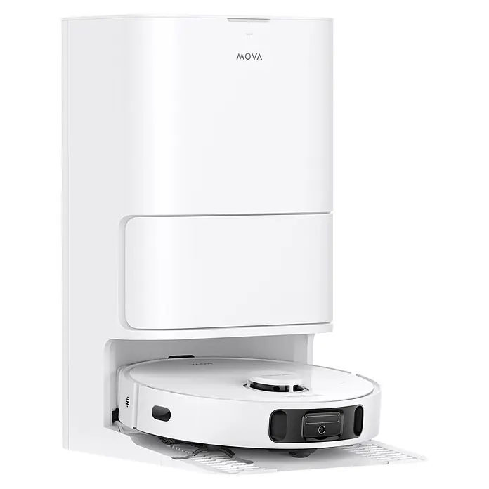 Mova Robot aspirador con mopa E30 Ultra - Potencia de aspiración: 7.000 Pa, Capacidad del robot: 300 ml - Robot aspirador blanco acoplándose a su estación de carga y vaciado automático.
