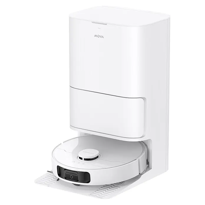 Mova Robot aspirador con mopa E30 Ultra - Potencia de aspiración: 7.000 Pa, Capacidad del robot: 300 ml - Robot aspirador blanco acoplado en su estación de vaciado y carga blanca a juego.