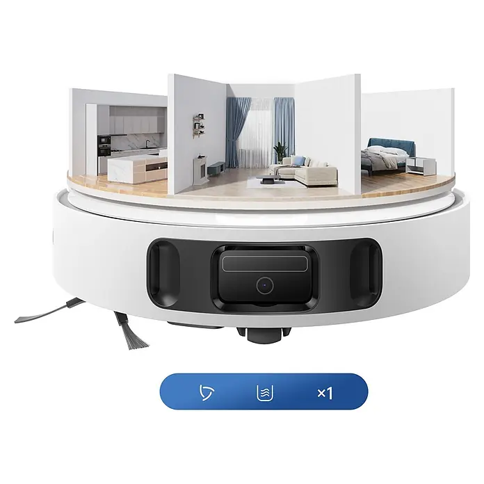 Mova Robot aspirador con mopa E30 Ultra - Potencia de aspiración: 7.000 Pa, Capacidad del robot: 300 ml - Robot aspirador blanco con un interior de casa en 3D recortado en la parte superior, mostrando su navegación inteligente.
