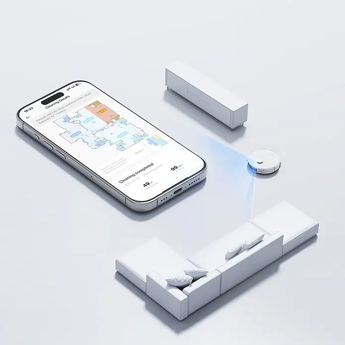 Mova Robot aspirador con mopa E30 Ultra - Potencia de aspiración: 7.000 Pa, Capacidad del robot: 300 ml - Robot aspirador blanco mapeando una habitación con un haz de luz azul, con el progreso y el mapa en la aplicación del smartphone.