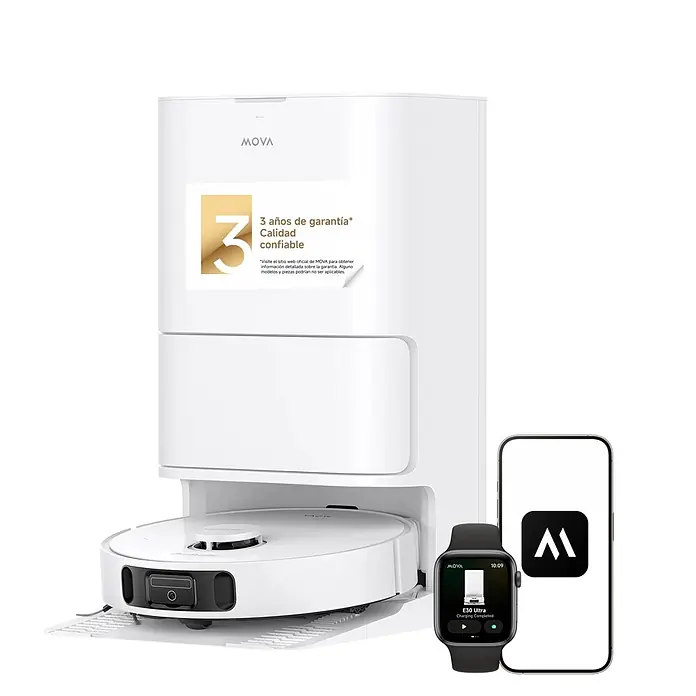 Mova Robot aspirador con mopa E30 Ultra - Potencia de aspiración: 7.000 Pa, Capacidad del robot: 300 ml - Robot aspirador blanco con estación de vaciado automático, smartwatch negro mostrando su estado y un smartphone.