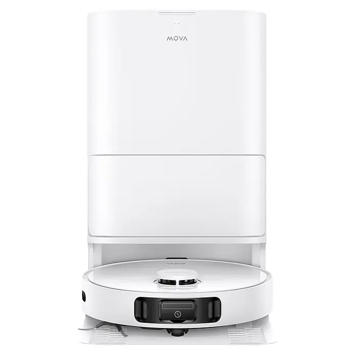 Mova Robot aspirador con mopa E30 Ultra - Potencia de aspiración: 7.000 Pa, Capacidad del robot: 300 ml - Robot aspirador blanco acoplado a su estación de autovaciado a juego.
