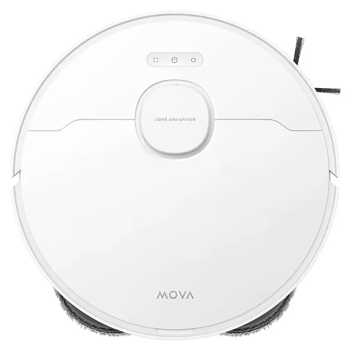 Mova Robot aspirador con mopa E30 Ultra - Potencia de aspiración: 7.000 Pa, Capacidad del robot: 300 ml - Vista superior de un robot aspirador blanco con texto 'LIDAR NAVIGATION', botones de control y logo 'MOVA'.