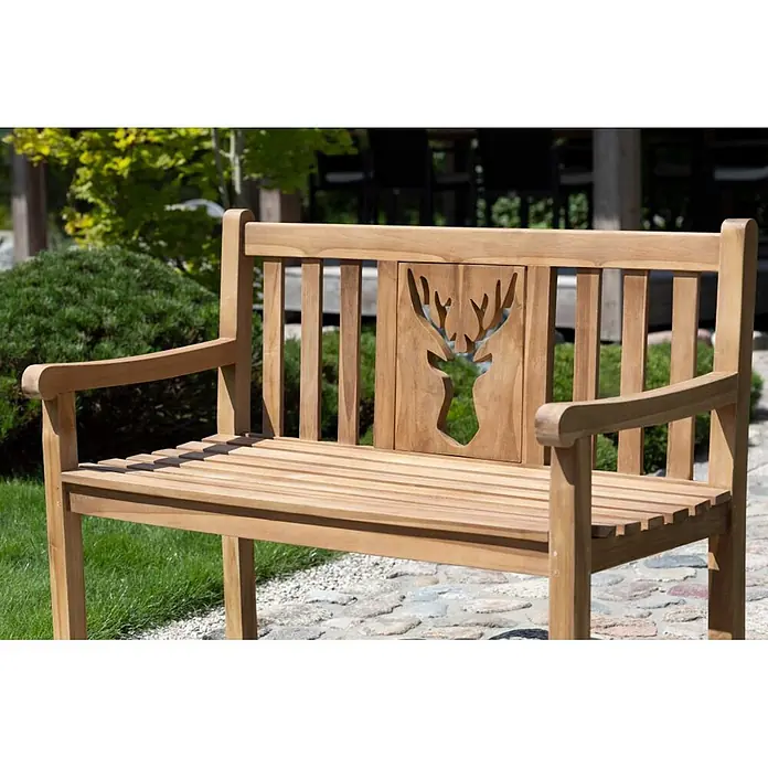 Bene Living Gartenbank Hirsch - B x T x H: 120 x 60 x 94 cm, Teakholz, Natur - Hölzerne Gartenbank mit Hirschkopf-Ausschnitt in der Rückenlehne.