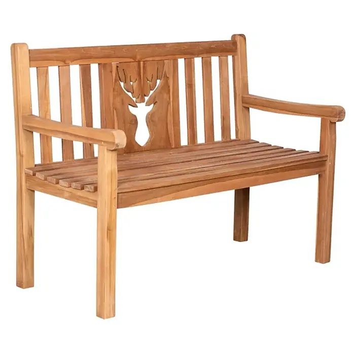 Bene Living Gartenbank Hirsch - B x T x H: 120 x 60 x 94 cm, Teakholz, Natur - Braune Holzgartenbank mit geschnitzter Hirschkopf-Silhouette in der Rückenlehne.