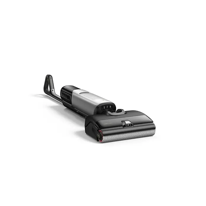 Mova Aspirador en seco y húmedo de batería X4 Pro - 450 W, Volumen de recipiente: 760 ml - Aspiradora escoba negra y plateada con cabezal de cepillo de rodillo gris, vista lateral.