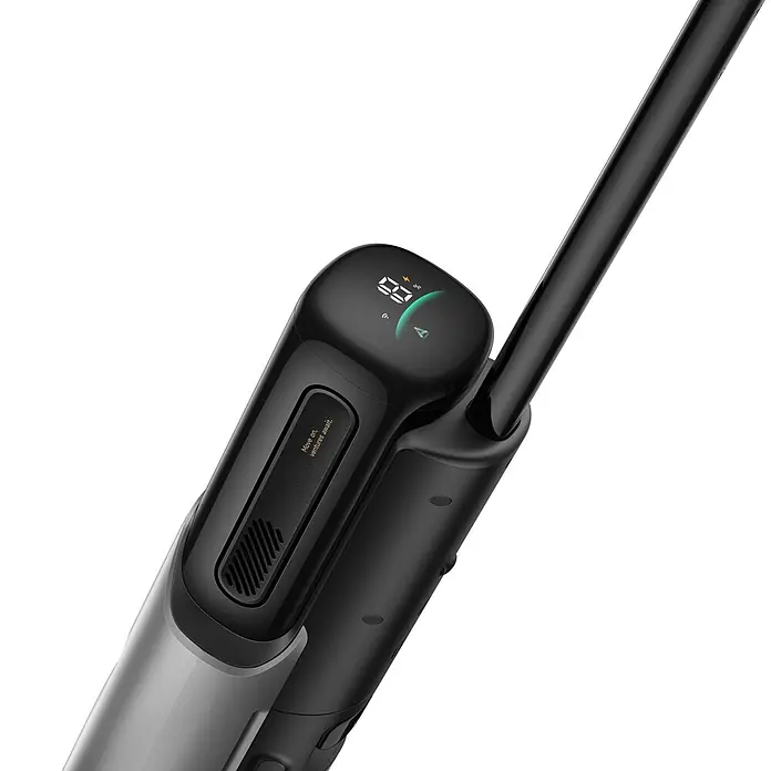 Mova Aspirador en seco y húmedo de batería X4 Pro - 450 W, Volumen de recipiente: 760 ml - Primer plano de un dispositivo de mano negro y plateado con pantalla digital que muestra 88% de carga e iconos. Con agarre texturizado y texto inspirador.