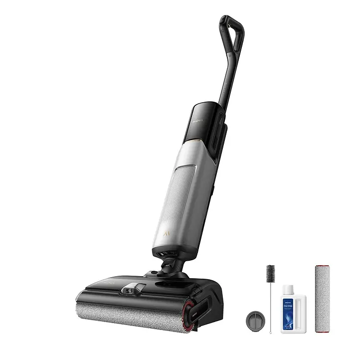 Mova Aspirador en seco y húmedo de batería X4 Pro - 450 W, Volumen de recipiente: 760 ml - Una aspiradora en seco y húmedo negra y plateada con accesorios: cepillo de limpieza, botella de limpiador y rodillo de repuesto.