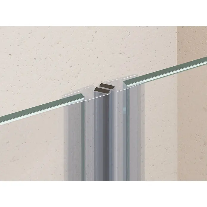 i-flair Dusch-Pendeltür AC79 - 79 x 190 cm, Silber, Beschichtet, Glasstärke: 6 mm - Transparente Duschdichtung mit Magnetverschluss, verbindet zwei Glaspaneele vor einer strukturierten Wand.