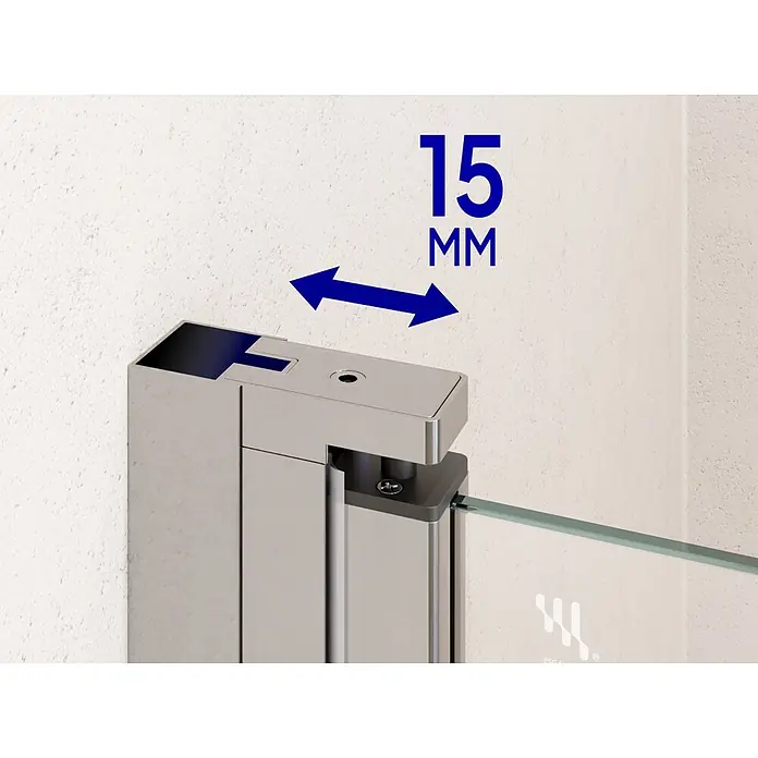 i-flair Dusch-Pendeltür AC100 - 100 x 180 cm, Silber, Beschichtet, Glasstärke: 6 mm - Polierte Chrom-Duschkabinenscharnier mit 15mm Justierung, befestigt an Glasplatte vor strukturierter Wand.