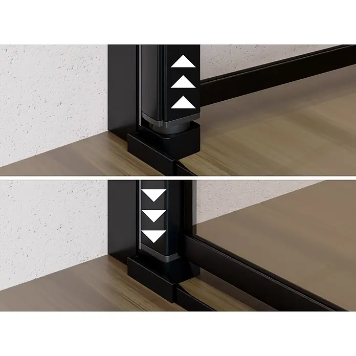 i-flair Dusch-Pendeltür BC70 - Schwarz, Beschichtet, Glasstärke: 6 mm - Schwarzer vertikaler Mechanismus, aus- und eingefahren, mit weißen Bewegungsindikatoren.