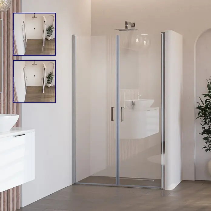i-flair Dusch-Pendeltür AC100 - 100 x 180 cm, Silber, Beschichtet, Glasstärke: 6 mm - Duschkabine aus Klarglas mit silbernen Rahmen, in einem modernen Badezimmer installiert.