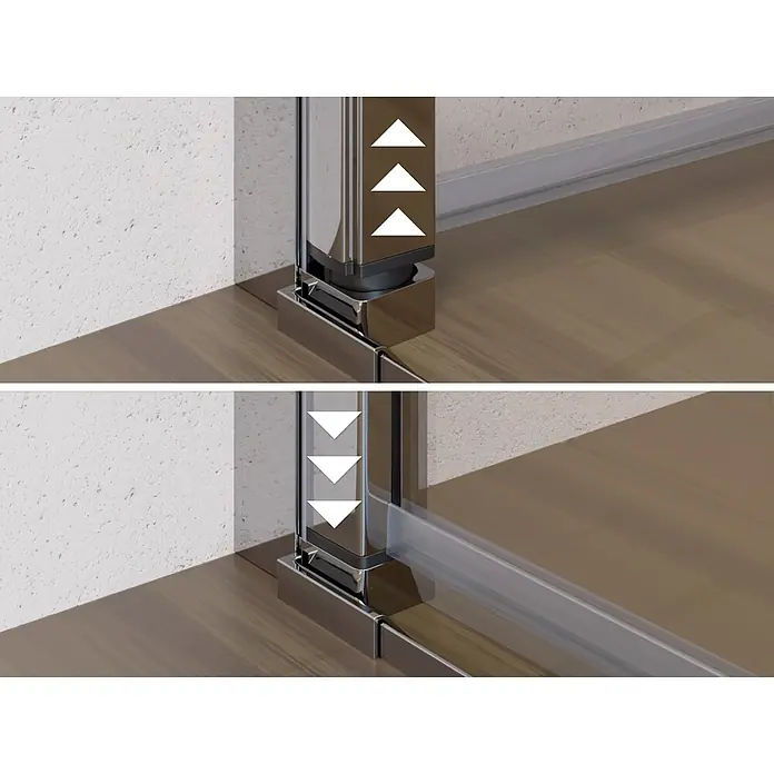 i-flair Dusch-Pendeltür AC100 - 100 x 180 cm, Silber, Beschichtet, Glasstärke: 6 mm - Nahaufnahme eines Duschkabinen-Hebemechanismus aus poliertem Metall, der die Glastür in gehobener und abgesenkter Position zur Abdichtung zeigt.