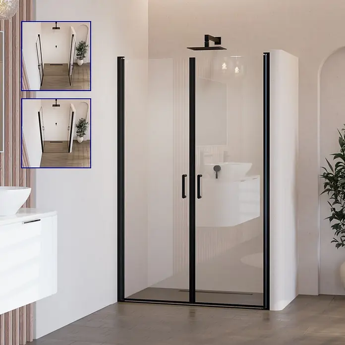 i-flair Dusch-Pendeltür BC88 - Schwarz, Beschichtet, Glasstärke: 6 mm - Moderne Duschkabine mit schwarzem Rahmen und klarem Glas in einem Badezimmer.