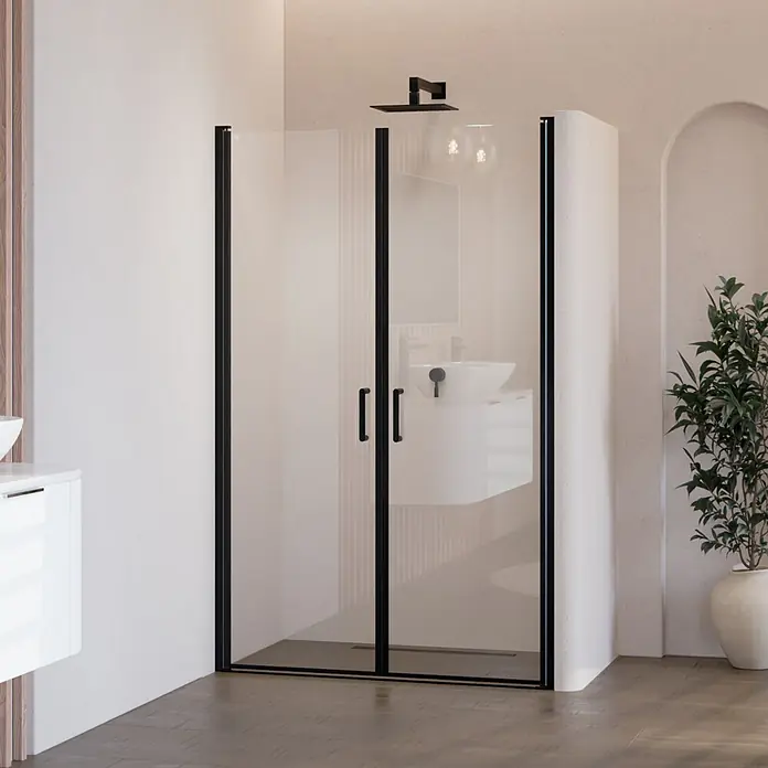 i-flair Dusch-Pendeltür BC88 - Schwarz, Beschichtet, Glasstärke: 6 mm - Schwarz gerahmte Glasdusche in einem modernen Badezimmer.